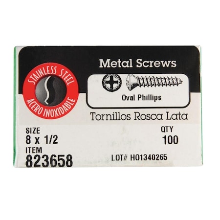 Hillman Sheet Metal Screw, #8 x 1/2 in, Stainless Steel Oval Head 100 PK 58978